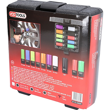Boîte à outils avec douilles colorées et une image d'un changement de pneu.